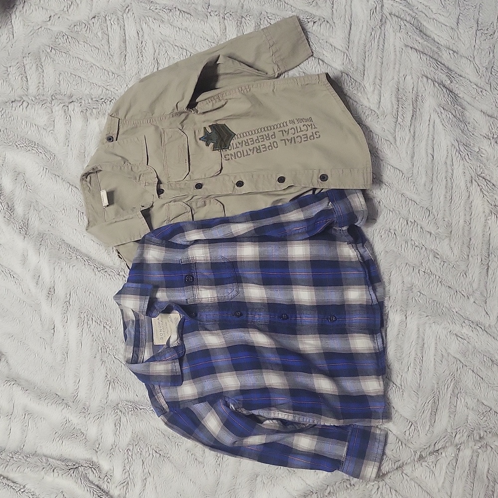 2 boys button down dress shirt lot 3T flannel Old Navy khaki shirts Sonoma